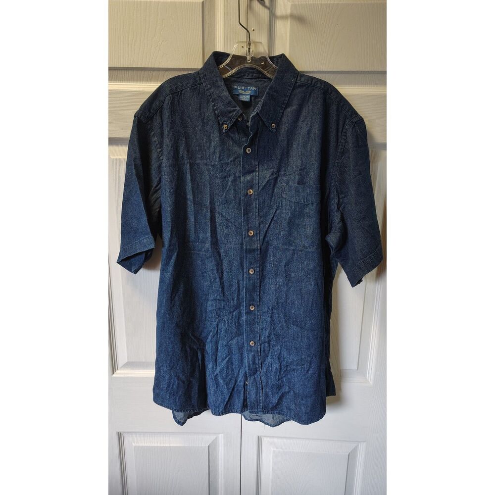 Vtg Puritan Denim Short Sleeve Button Down Shirt 100% Cotton Blue Jean Shirt XL